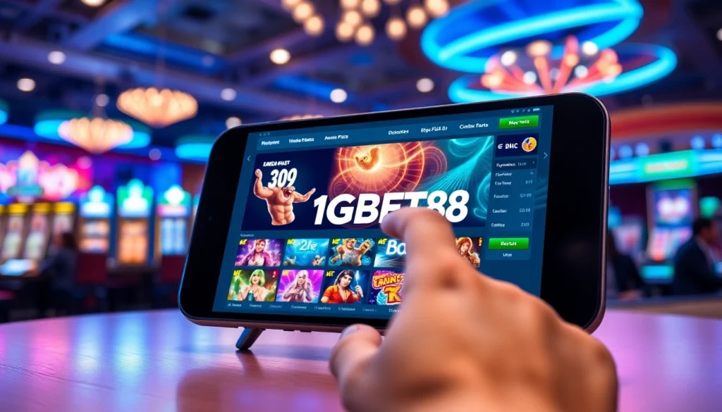 Engaging visual of BIGBET88 gaming interface being used on a modern device amidst a lively casino.