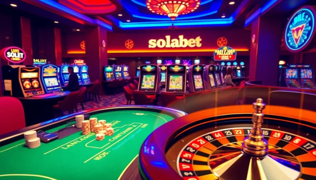 Experience the excitement of Solarbet's live blackjack and vibrant slot machines in this engaging casino setting.