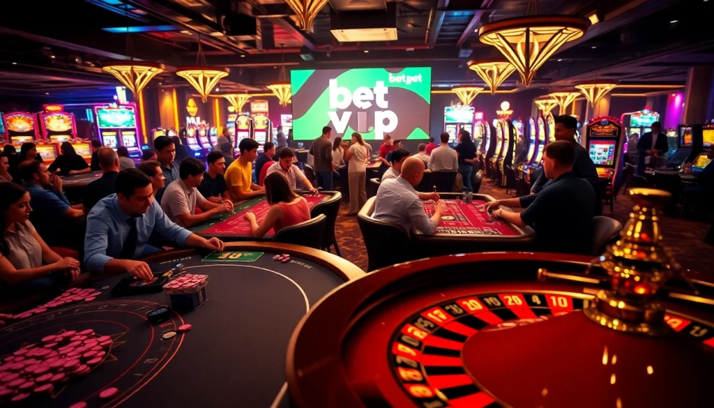 Exciting casino scene showcasing gamblers using the bet vip app at poker and roulette tables.