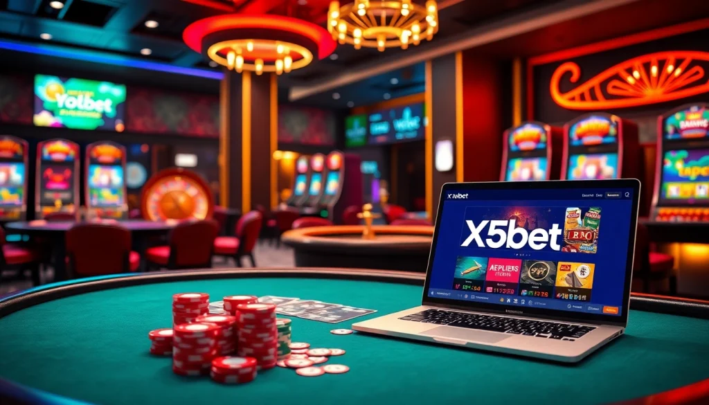 X5bet online casino showcases an engaging poker table with colorful chips and a dynamic focus on the roulette wheel.